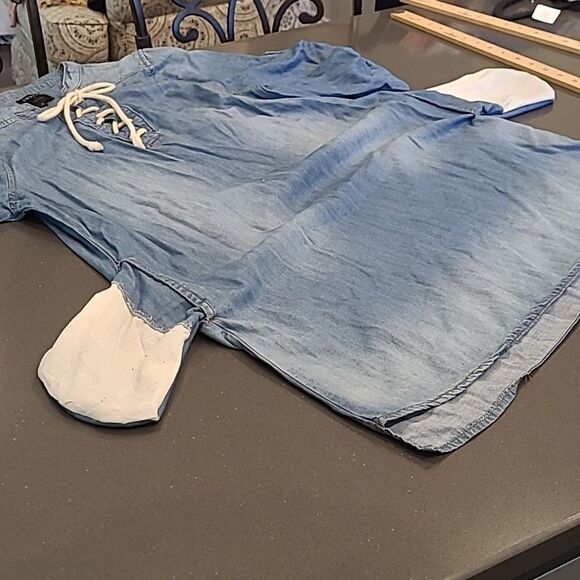 Twelve Blue Bamboo/Cotton Blend Quarter Sleeve Tie Front Mini Dress - Picture 5 of 11